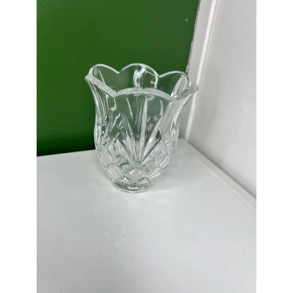 Vintage Clear Pressed Glass Tulip Votive Holder Starburst Scalloped UV Glow
